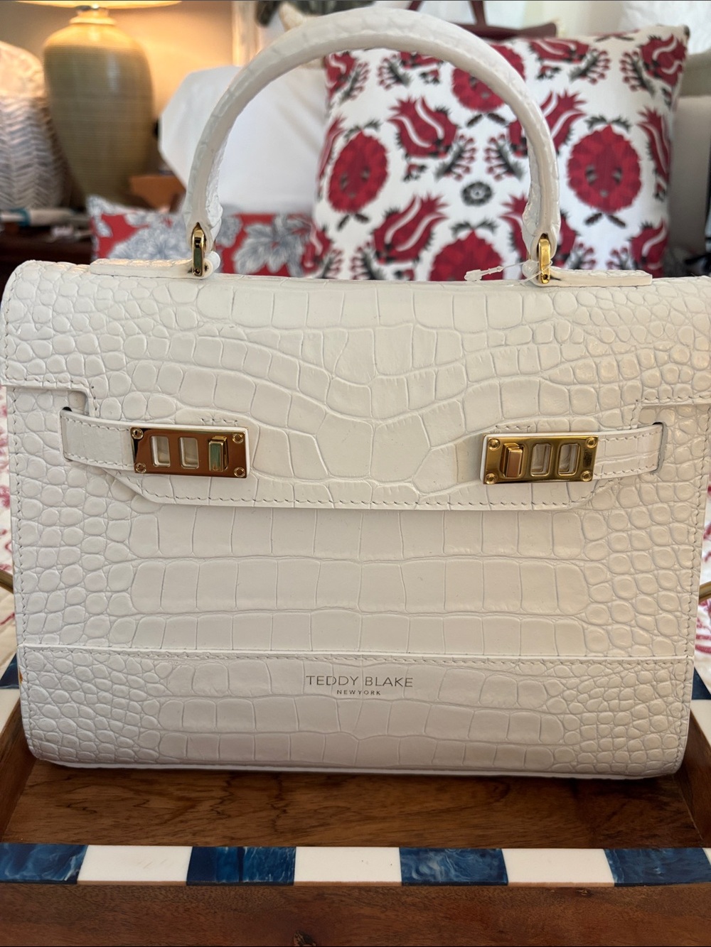 NWOT Teddy Blake AVA 11 White Croc-Embossed Leather Satchel with Gold Hardware